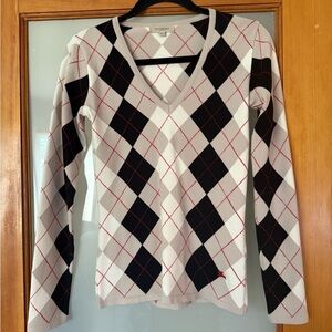 Burberry Argyle Fitted V-Neck Sweater - Black and White
